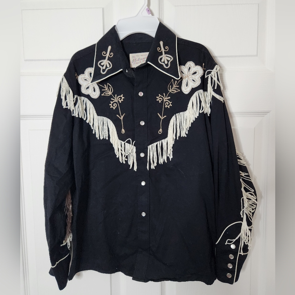 Rockmount Ranch Wear Black Western Shirt with White Fringe Embroidery
